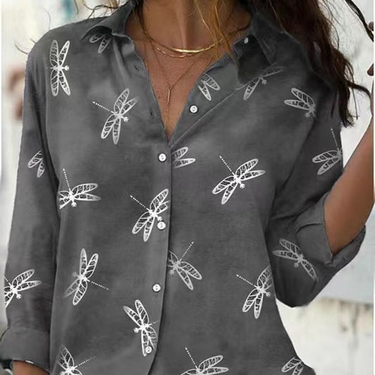 Dragonfly Printed Long Sleeve Lapel Slim Fit - Bold  and Brave