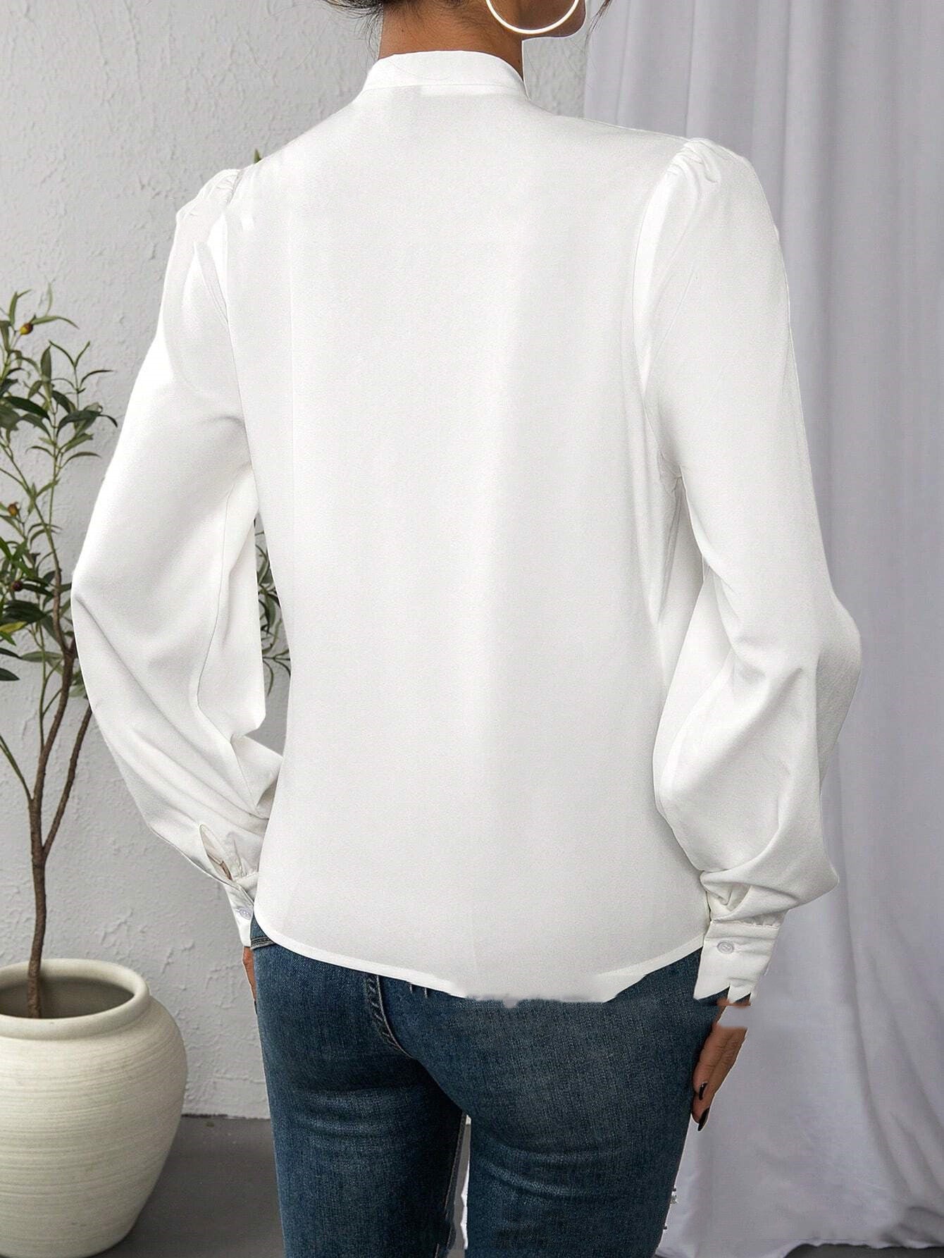 Casual Long Sleeve V-neck White Shirt Top Solid Color - Bold  and Brave