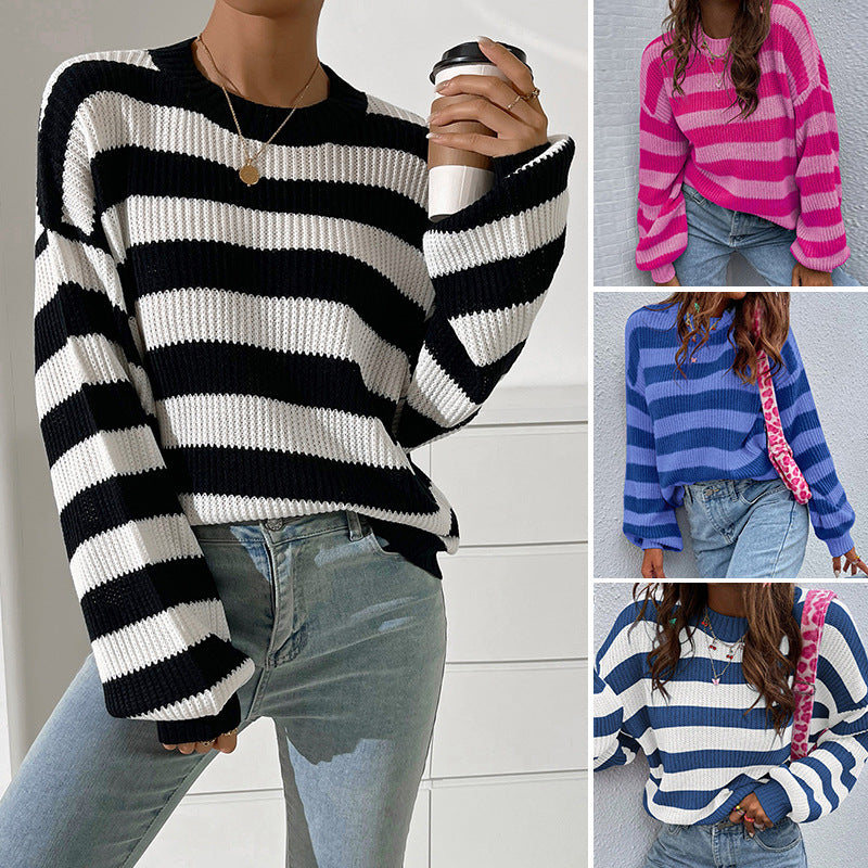 Round Neck Loose Casual Contrast Color Striped Sweater - Bold  and Brave