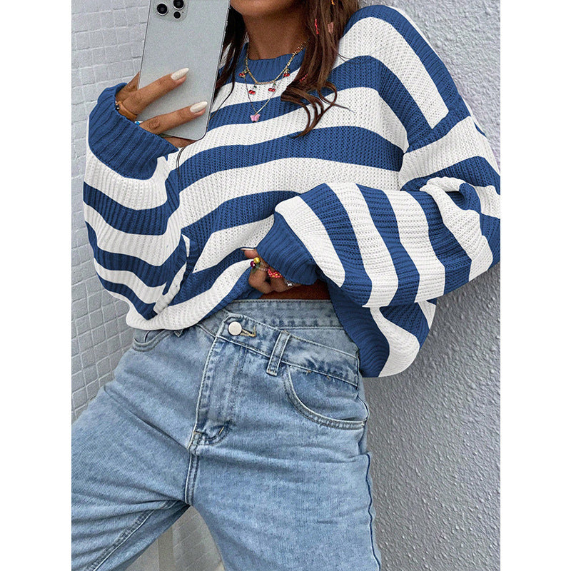 Round Neck Loose Casual Contrast Color Striped Sweater - Bold  and Brave