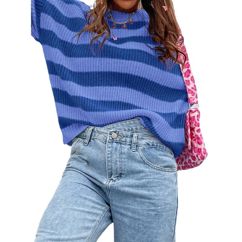 Round Neck Loose Casual Contrast Color Striped Sweater - Bold  and Brave