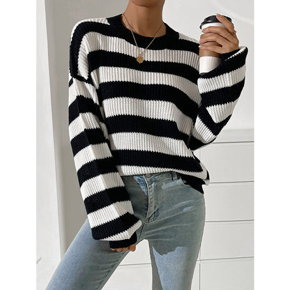 Round Neck Loose Casual Contrast Color Striped Sweater - Bold  and Brave