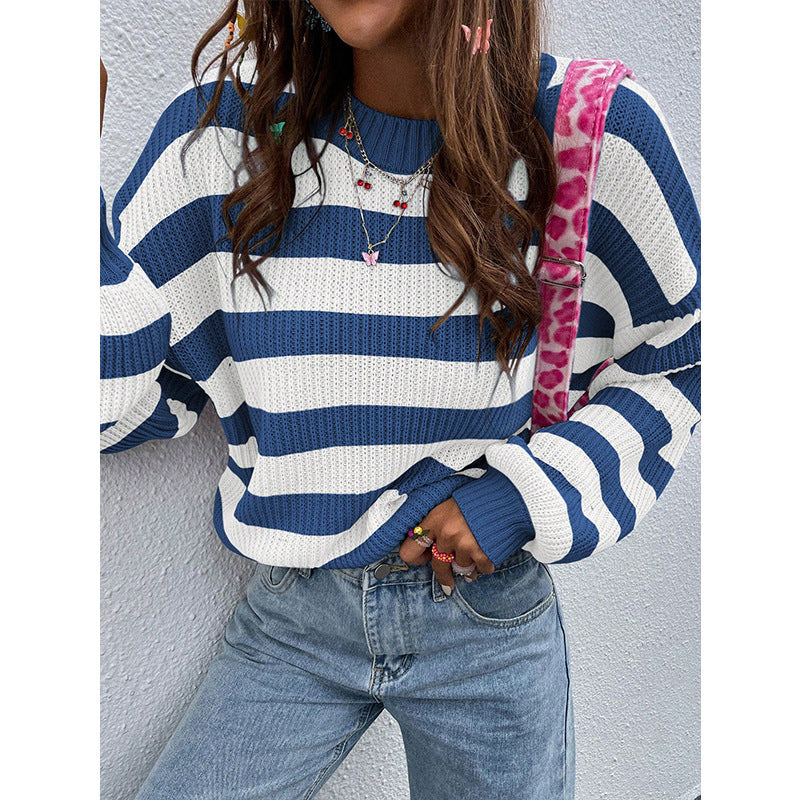 Round Neck Loose Casual Contrast Color Striped Sweater - Bold  and Brave