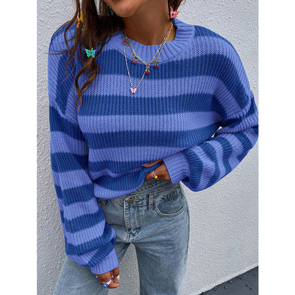 Round Neck Loose Casual Contrast Color Striped Sweater - Bold  and Brave