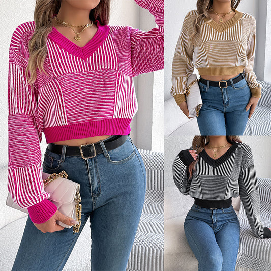 Striped Lantern Sleeve Pullover Midriff-baring Sweater - Bold  and Brave