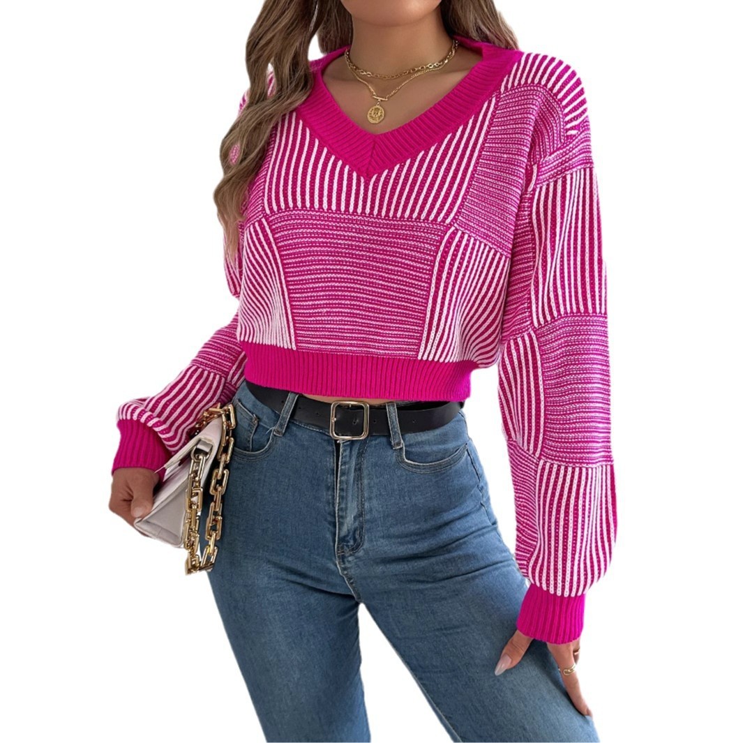 Striped Lantern Sleeve Pullover Midriff-baring Sweater - Bold  and Brave