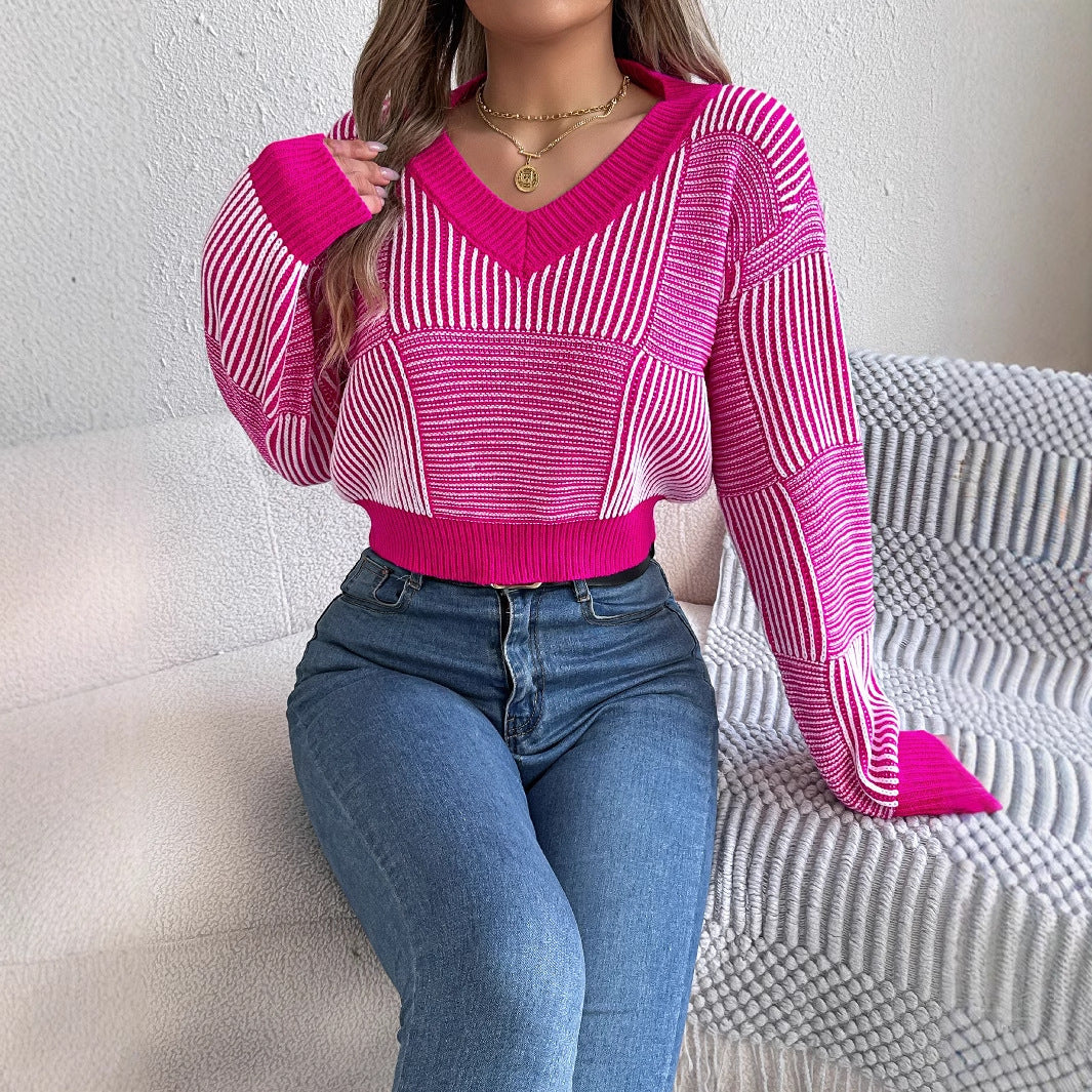 Striped Lantern Sleeve Pullover Midriff-baring Sweater - Bold  and Brave